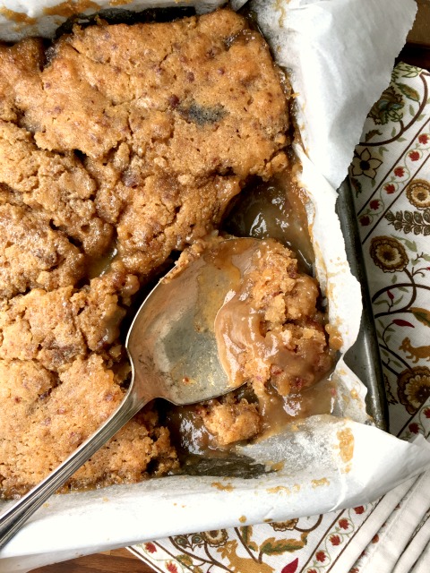 Sticky Date Pudding recipe: a self-saucing pudding cake with a rich butterscotch flavour. Made with stone ground flour and organic dates.