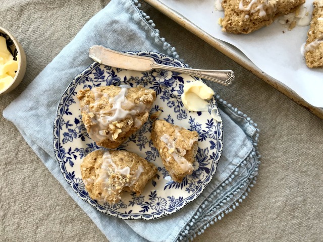 These easy walnut scones with vanilla glaze have a lovely tender crumb. Make them for special occasions or a regular Sunday morning.