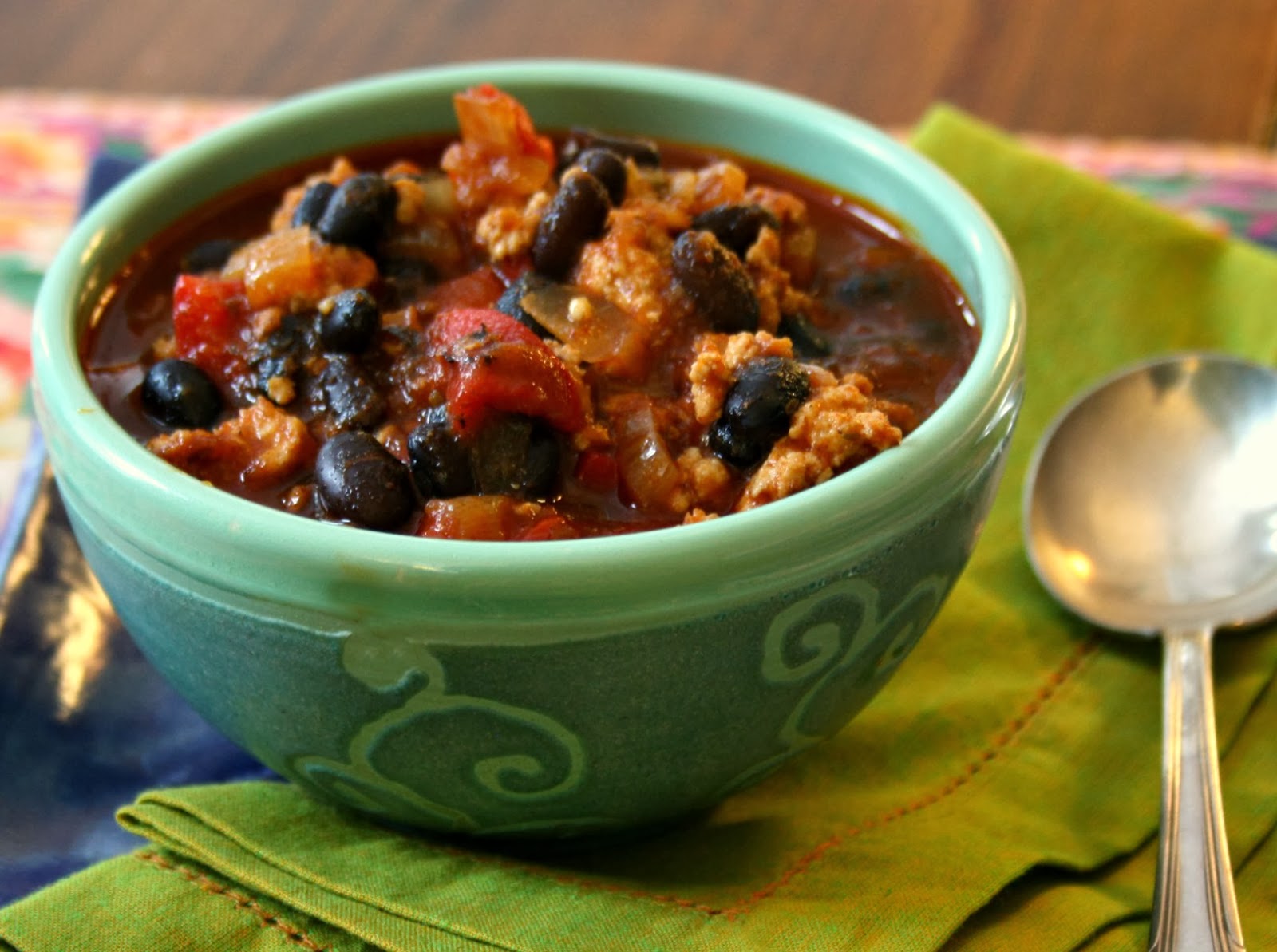 Black bean turkey chili is wholesome and flavourful.
