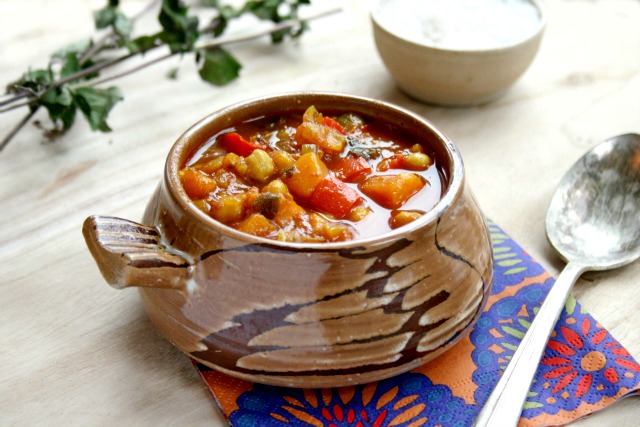 Gypsy Soup is full of chick peas, sweet potatoes, red pepper and a little turmeric for colour.