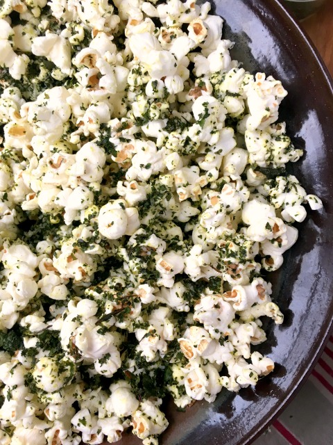Kale Dusted Parmesan Popcorn. The kale dust is also good sprinkled over salad, on eggs, mac and cheese and just about anything else you might be serving for supper.