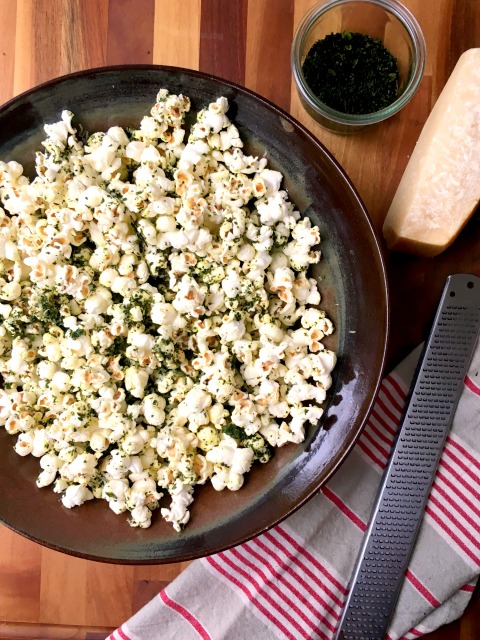 Kale Dusted Parmesan Popcorn. The kale dust is also good sprinkled over salad, on eggs, mac and cheese and just about anything else you might be serving for supper.