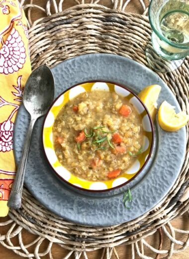 Sunshine lentil soup is easy, warming & brightly flavoured with lemon.