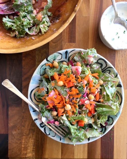 Main dish rainbow Salad with creamy feta dressing is substantial and filling