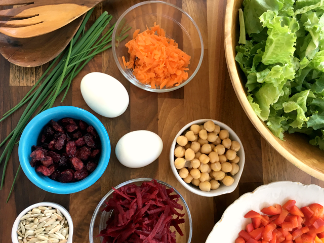 Main dish rainbow Salad with creamy feta dressing is substantial and filling