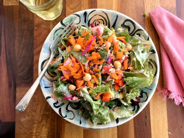 Main dish rainbow Salad with creamy feta dressing is substantial and filling