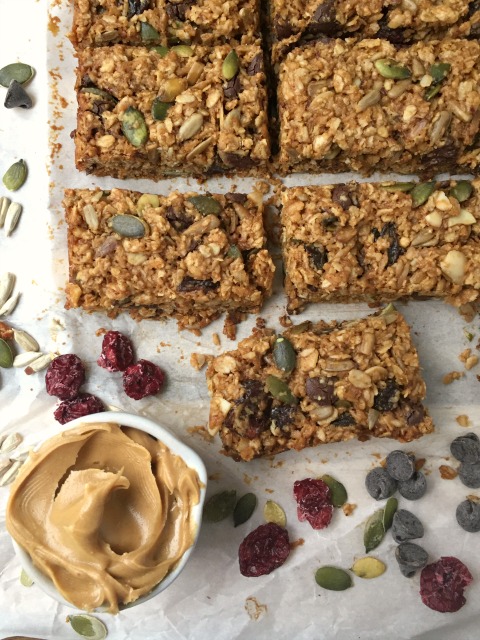 Kitchen sink granola bars: one of the simplest recipes ever. You can add nuts and/or seeds (handy if you’re making them for school lunches) and you can include whatever dried fruit you have in the house. 