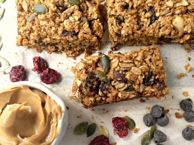 Kitchen sink granola bars: one of the simplest recipes ever. You can add nuts and/or seeds (handy if you’re making them for school lunches) and you can include whatever dried fruit you have in the house. 