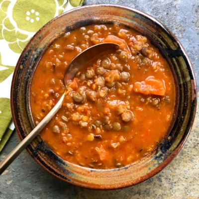 Two Lentil Soup with Marjoram uses red lentils for thickening and green lentils for texture. 