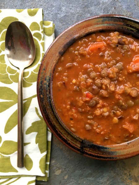 Two Lentil Soup with Marjoram uses red lentils for thickening and green lentils for texture. 
