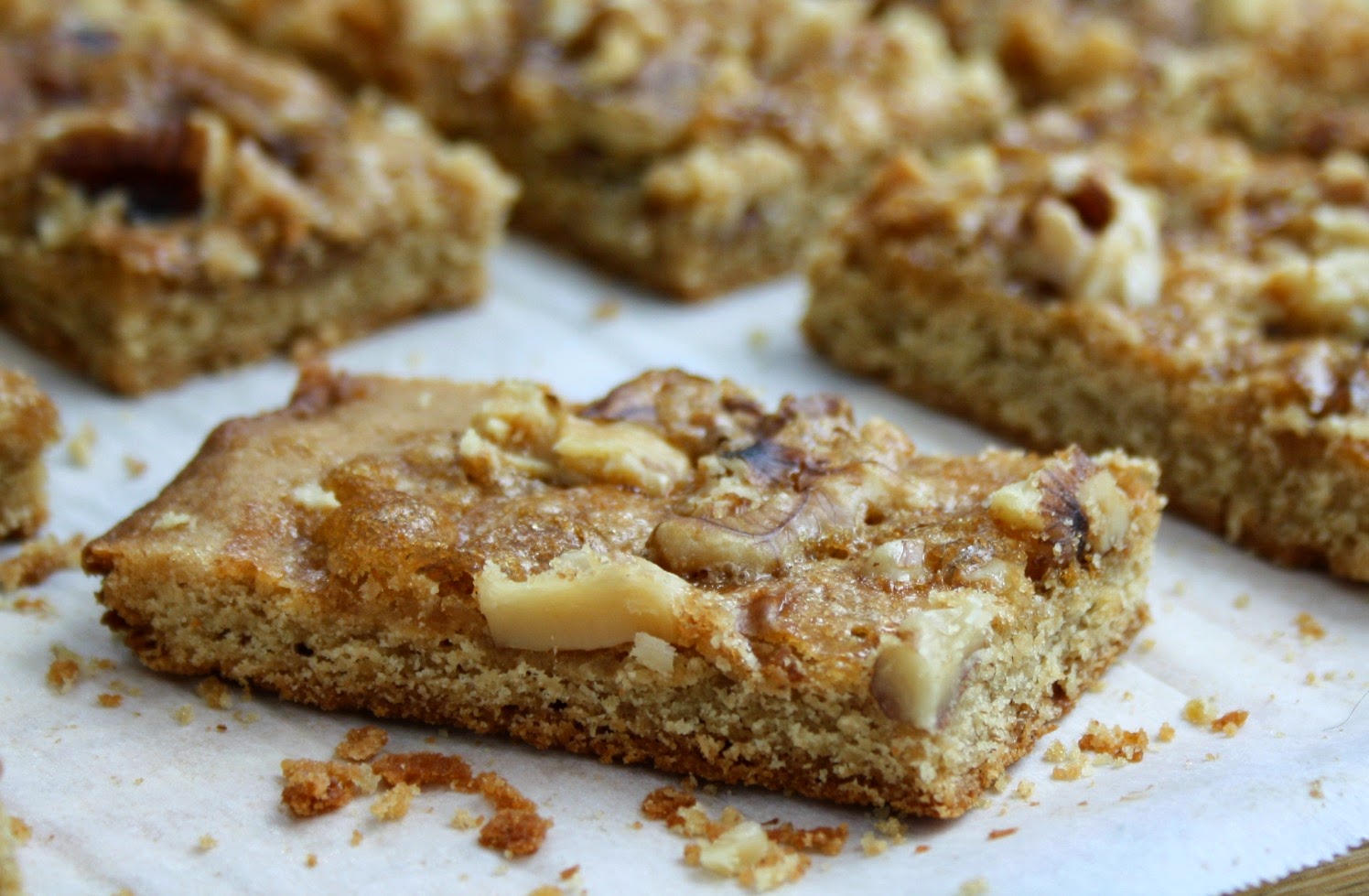 Pecan bars with a shortbread base and crunchy nut topping