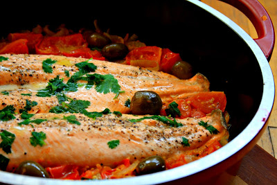 Mediterranean trout with tomatoes and olives, a tasty meal in under 30 minutes