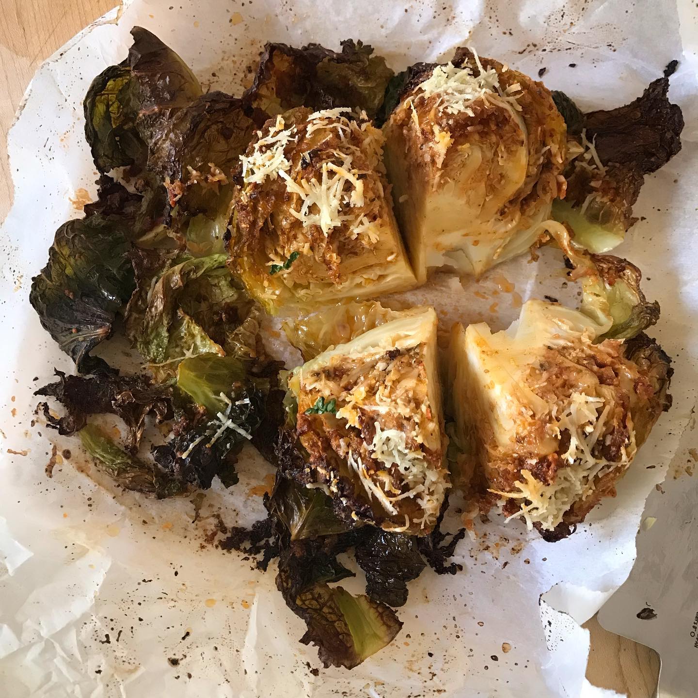 This is what Savoy cabbage looks like when it’s been steamed, rubbed with a garlicky paprika paste and roasted for 45 min. Inspired by a spectacular charred cabbage dish I loved at @barkismet in Halifax. 
.
.
#savoycabbage #roastedcabbage #cabbagerocks #thestarofthemeal #vegetablesrule
