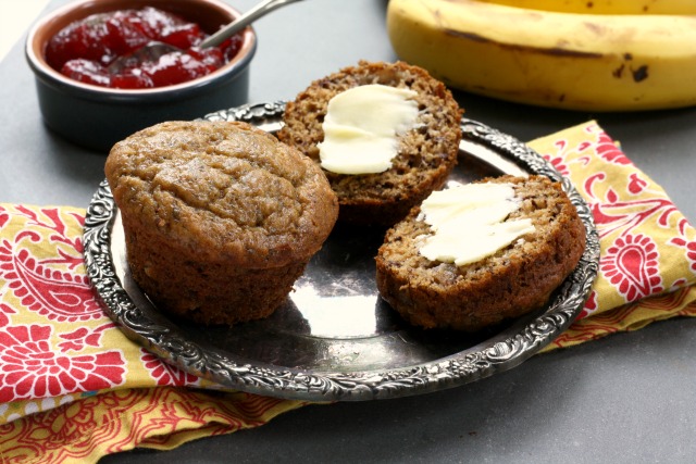 Whole wheat banana flax muffins are a wholesome afterschool snack.