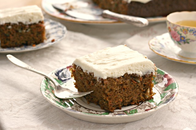 Wholesome carrot cake recipe is lower in fat than many carrot cake recipes and has less sugar too. It includes whole grain flour and a whopping three cups of grated carrots. I give it a light skim of cream cheese frosting on the top only so you get a bit of creamy sweet flavour in each bite. The recipe is made in a 9” x 13” pan so feeds a crowd. 