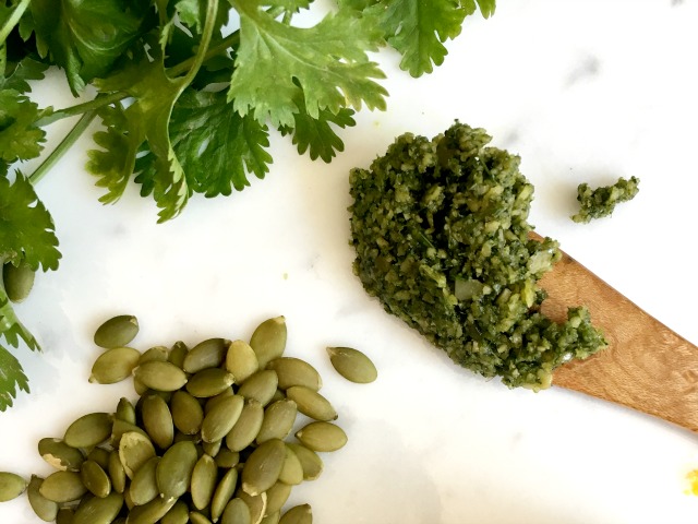 Pumpkin Seed Pesto with cilantro and lime can make a good meal great.